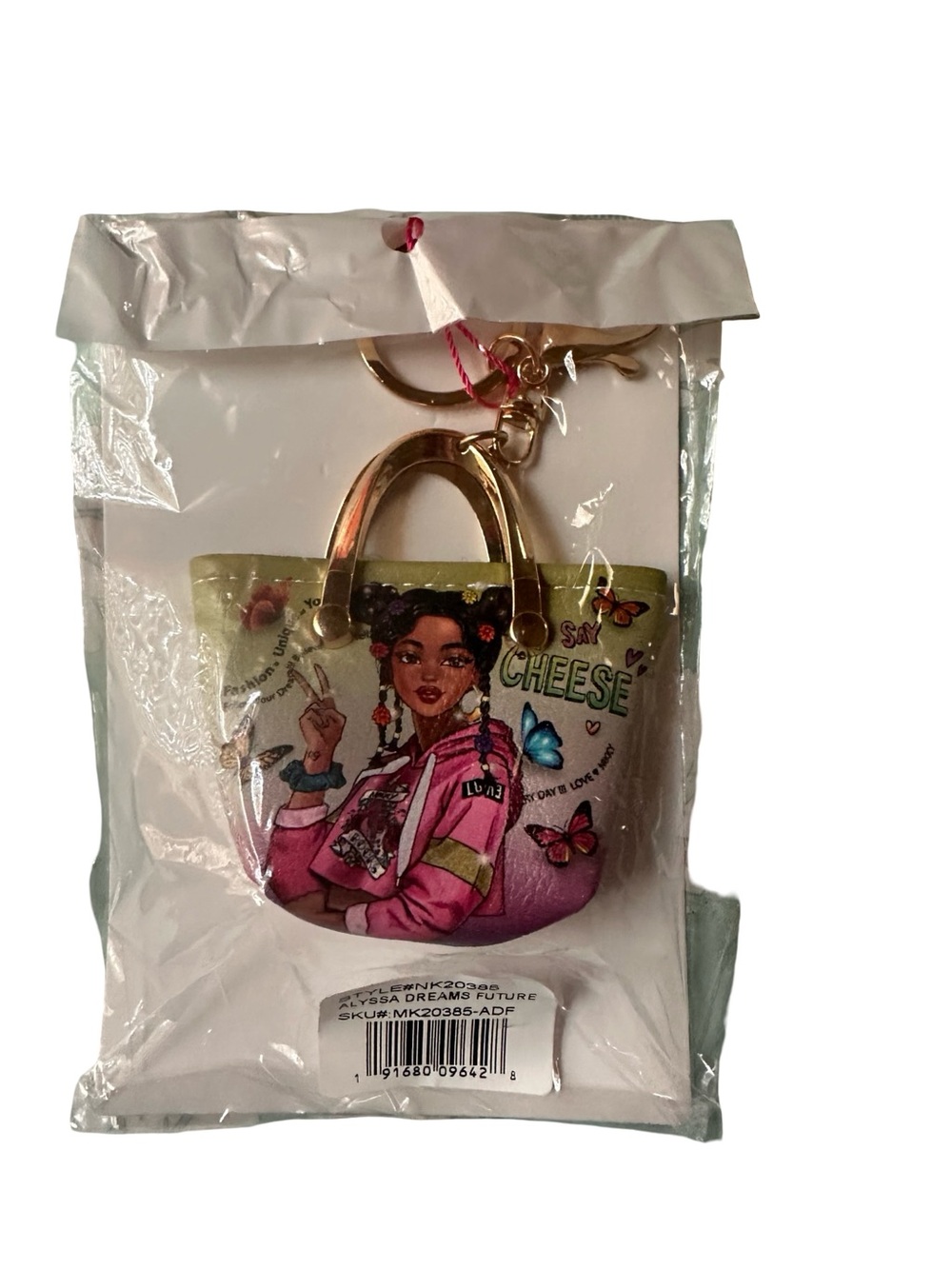 Mini Illustrated Tote Keychain Bag - Pink and Green